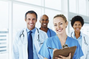Successful team of doctors, female with the clipboard
